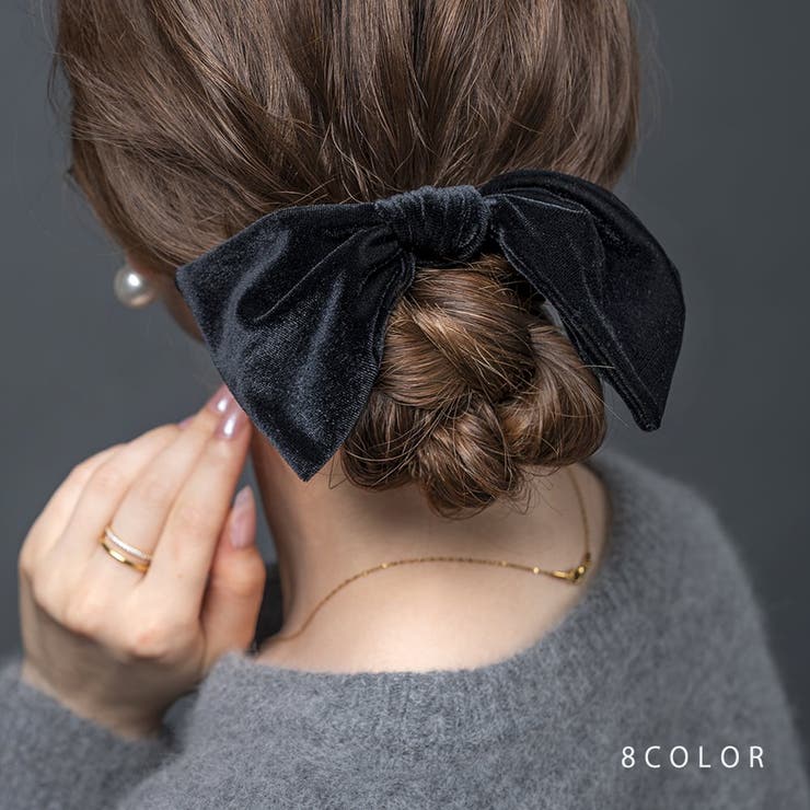 CREAM-DOT シュシュ リボン ベロア ベルベット スクエア ボリューム 大きめ ヘアアクセサリー ヘアゴム 髪留め まとめ髪 光沢感 大人 ブラック グレー ブラウン ヘアアクセサリーのサムネイル