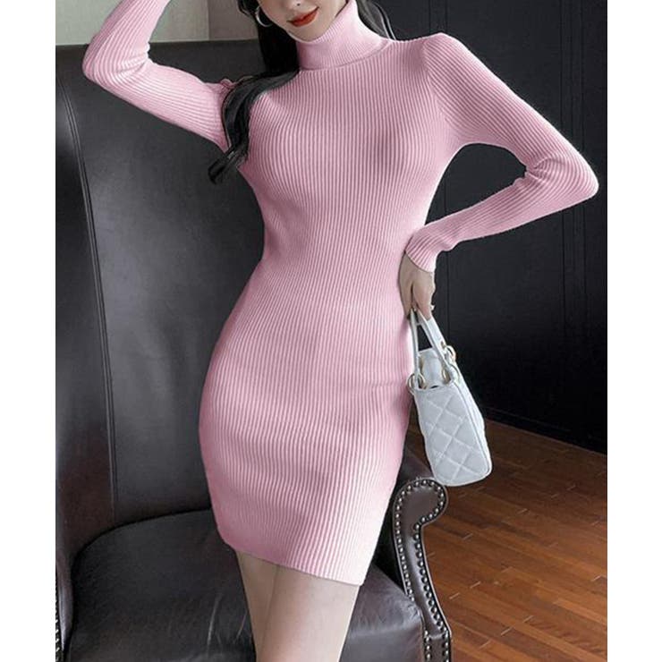 フォルテフォルテ　ドレス　カシミヤ混　ピンク　タートルネック　ロングワンピース セール】タートルネックサイドスリットニットロングワンピース