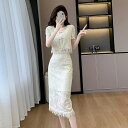 JS FASHION 【上下2点セット】レースセットアップ チャイナ風 ブラウスとロングスカート セットアップ ツーピース フリンジ付き モダンチャイナ風 結婚式 二次会 膝丈 ミディアム S M L XL 2Lサイズ 大きいサイズ ホワイト系 ワンピー