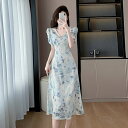 JS FASHION 柄プリントワンピース Vネック パフ袖 半袖 フラワー Aラインワンピース ホワイトブルー Vネック パフスリーブ ミモレ丈 膝丈 夏ワンピ ウェストリボン S M L XL 2XL 大きいサイズ ワンピース・ドレス