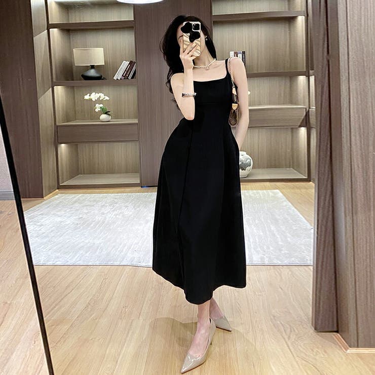 JS FASHION キャミワンピース ブラックドレス 黒ワンピ フレア ロング丈 ふんわり エレガント パーティードレス ポケット付き 二次会 披露宴 カクテルドレス S M L XL 2XL 大きいサイズ ワンピース・ドレス