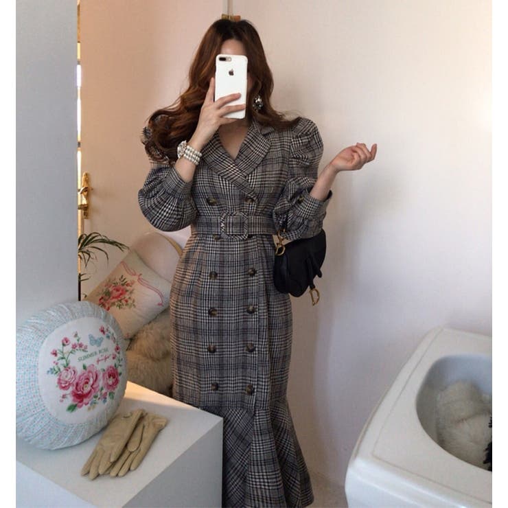 【10％OFFクーポン！1/16(金)1:59まで】aimoha 【Jasmine】チェック柄パワショルマーメイドワンピース Jasmine Grandiflorum ワンピース・ドレス