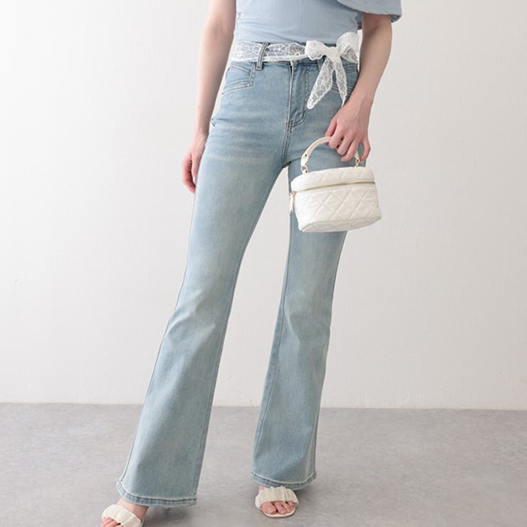 レースレディース ウォッシュ加工 ハイウエスト レースベルト セミフレア デニムパンツ ボトム レディース 春 夏 秋 フレアデニム スタ..