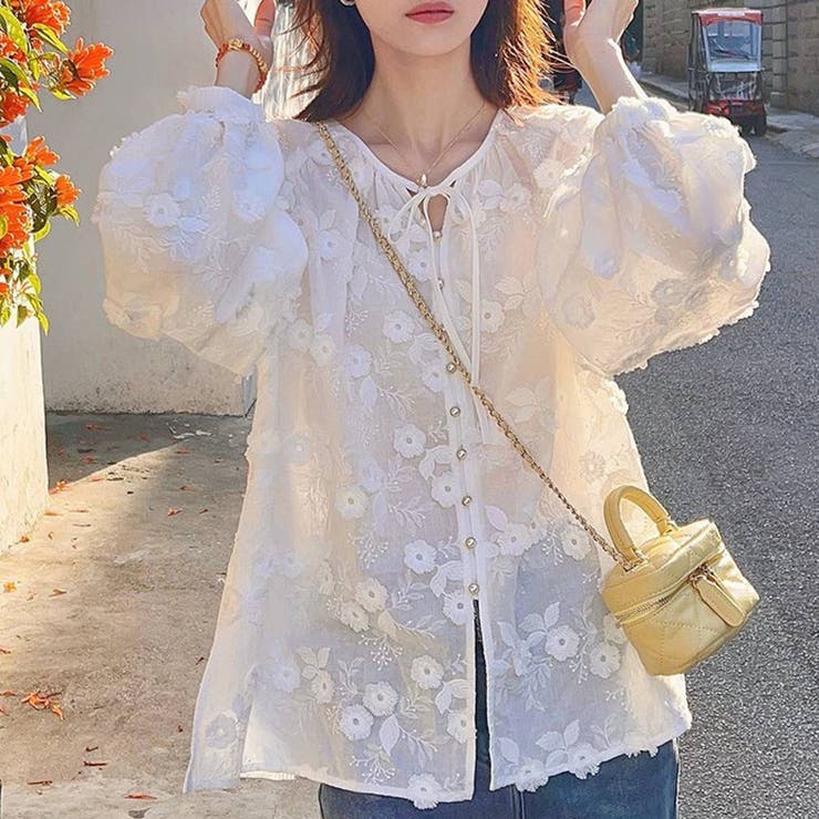 【20％OFFクーポン！9/23(水)限定】shoppinggo ブラウストップス 長袖 花柄刺繍ブラウス お尻が隠れる 体型カバー 立体感 薄手 無地 Tシャツ レディース トップス カットソー おしゃれ 通勤 大人可愛い カジュアル トップス shoplistselect-10328091 SHOPLIST サンプル画像2