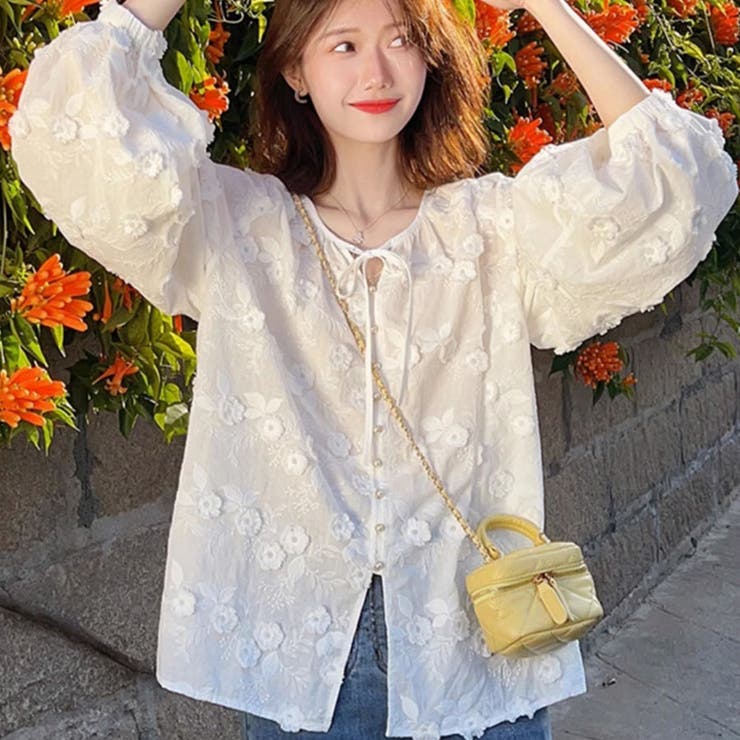 【20％OFFクーポン！9/23(水)限定】shoppinggo ブラウストップス 長袖 花柄刺繍ブラウス お尻が隠れる 体型カバー 立体感 薄手 無地 Tシャツ レディース トップス カットソー おしゃれ 通勤 大人可愛い カジュアル トップス shoplistselect-10328091 SHOPLIST サンプル画像3