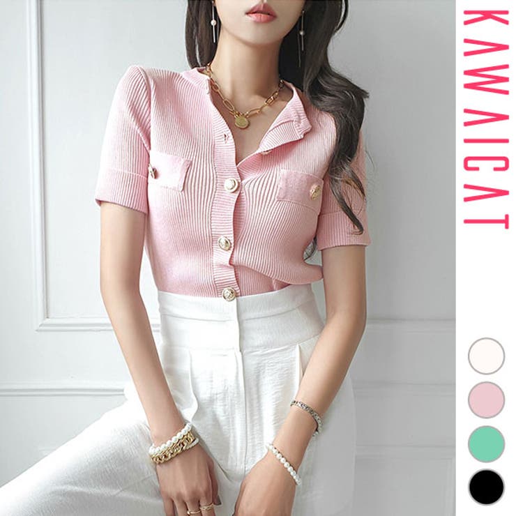 Nylon, Rayon, Polyester - 【10％OFFクーポン！5/27(水)1:59まで】KawaiCat カーディガン レディース トップス アウター 半袖 クルーネック リブ ニット 金ボタン タイト カットソー 上品 きれいめ 羽織り おしゃれ オフィス 白 黒 春 夏 韓国服 韓国