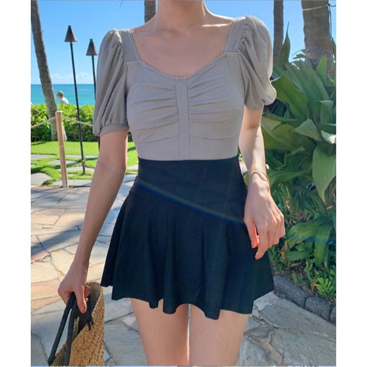 aimoha 【Jasmine】パフスリーブ ハイウエスト 背中あき 体型カバー 水着 Jasmine Grandiflorum【SS】 水着