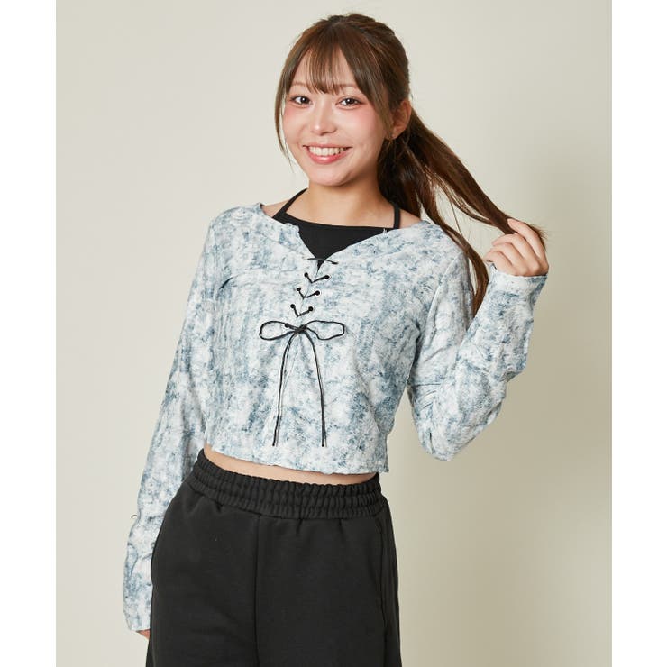 GORGE 《レースアップ×ペイント柄》レディース クロップドトップス 編み上げデザイン 春秋 トップス