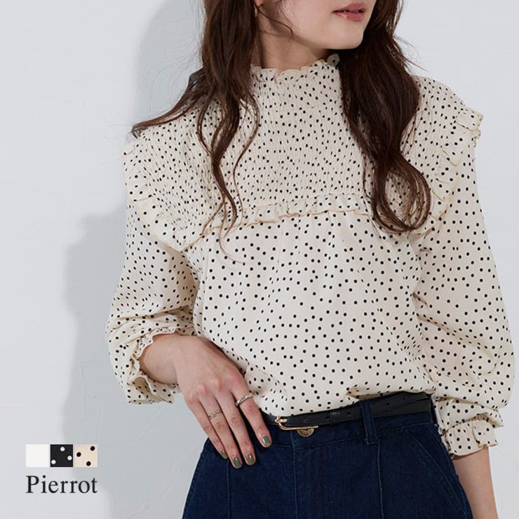 【10％OFFクーポン！7/26(日)1:59まで】Pierrot シャーリングフリルブラウス ☆ ブラウス フリル シャーリング オフィス 上品 ドット 重ね着 ジャケット合わせ 女性らしい フェミニン デザインブラウス ピエロ トップス