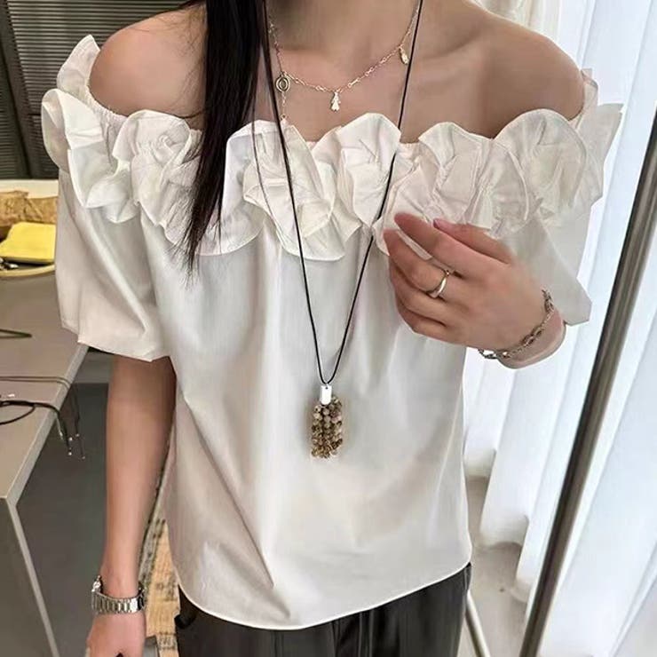 レースレディース ボリューム フリル オフショル パフスリーブ ブラウス 半袖 夏 サマー レディース 女性 コットン 無地 単色 ワンカラー パフ袖 ぽわん袖 かわいい ガーリー キュート スイート モード おしゃれ トレンド 着映え 抜け感 肌見せ