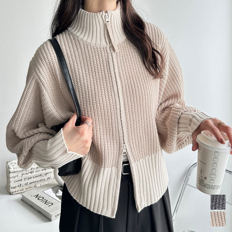 GeeRA 【FIRST MOOD】配色ダブルジップニットカーディガン トップス