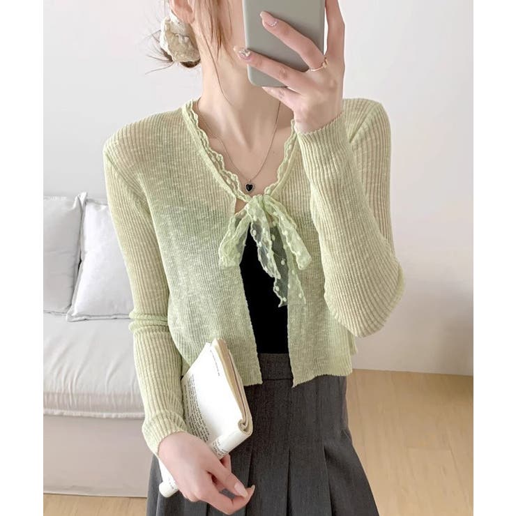 SUNSHINE CLOSET サマーニットカーディガン レースボウタイ トップス
