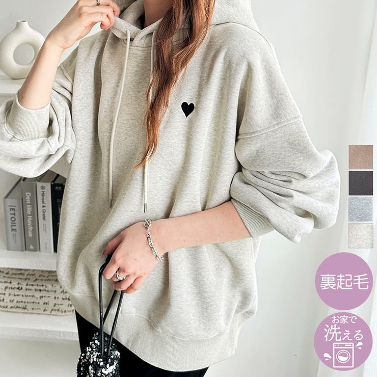 【5％OFFクーポン！10/17(金)9：59まで】GeeRA ハート刺しゅう裏起毛スウェットパーカー トップスのサムネイル