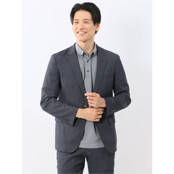 TAKA-Q MEN クロスストレッチ スリムフィット 2ボタンジャケット デニム調紺(セットアップ可能) スーツ