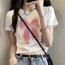 レースレディース リボンプリント クロップド丈 クルーネック 半袖 Tシャツ トップス セットインスリーブ レディース 春 夏 丸首 ロゴT ショート丈 可愛い スイート ガーリー デイリー カジュアル 通学 おでかけ おしゃれ 30代 韓国コーデ ト