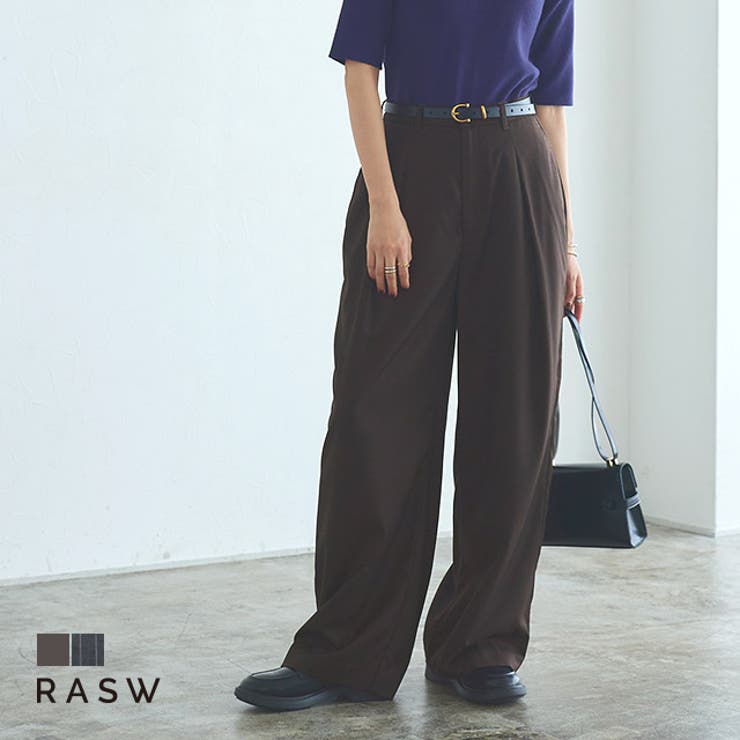 Pierrot [RASW]ウールミックスタックワイドパンツ ☆ ワイドパンツ タック ウールミックス スラックス ハリ感 上品 立体感 シンプル すっきり ワイドシルエット ピエロ パンツ・ズボン