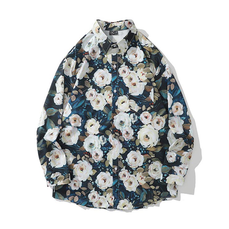 Decorative 柄シャツ 花柄 フラワー柄 油絵風 絵画風 白い花 ペイント ボタニカル柄 フローラル 花 ホワイト 長袖 長袖シャツ オーバーサイズ 衣装 韓国 大きいサイズ 個性的 春服 夏服 秋服 トップス