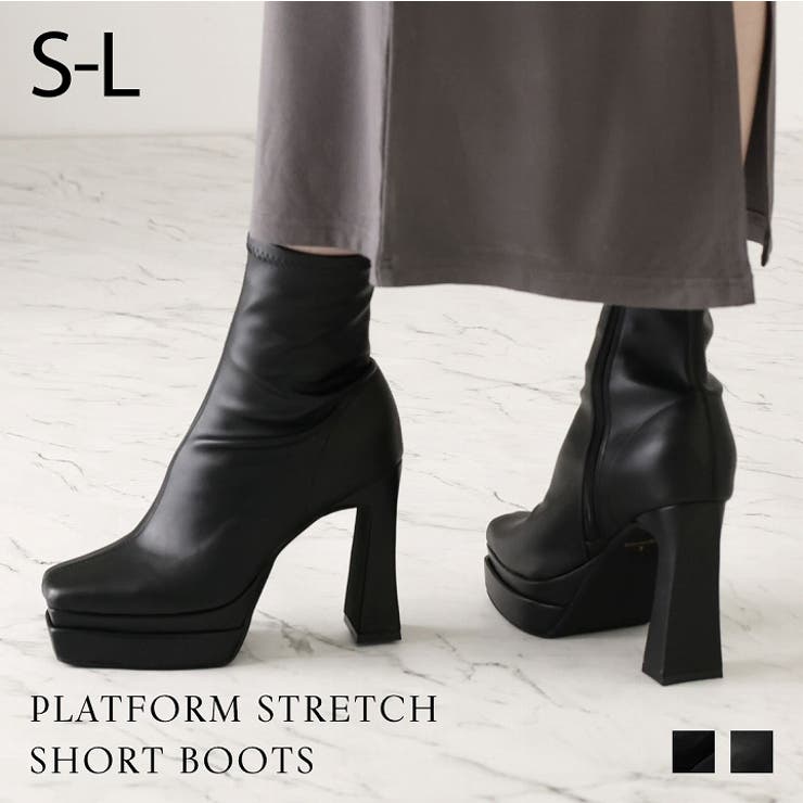 VIVIAN COLLECTION スクエアトゥ厚底プラットフォームストレッチショートブーツ シューズ・靴