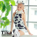 Tika オープンバック×ハイネックセーターニットコスチューム3点セット ハロウィンコスプレ 袖なし アメリカンスリーブ バックシャン 背中見せ ミニ丈 Mサイズ 牛モチーフ ホルスタイン柄 みゆう ホワイト ブラック モノトーン Tika ティカ コス