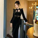 JS FASHION タイトワンピ ベロアワンピ シースルー フリル 首元リボン パーティードレス 長袖 ブラックドレス 黒 タイト ワンピース ひざ丈 ミディアム丈 きれいめ セクシー 大きいサイズ 謝恩会 お呼ばれ 秋 冬 レディース オケージョン