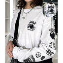 【10%OFFクーポン 9/9 23:59まで】GROOVY STORE 【袖ロゴ】スプレー風プリント ロンt 長袖Tシャツ 刺繍 ワンポイント グラフィックt トップス