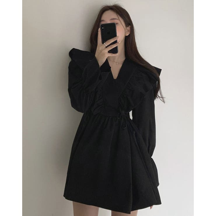 kirakiraShop 【SHOPLIST限定】ショート丈フリルワンピース ミニワンピース シャツワンピース ミニ丈 ショート丈 膝上丈 フレアシルエット フリル ギャザー ベルスリーブ カシュクール Vネック ブラウス 大人可愛い ガーリー フェミ shoplistselect-10061774 SHOPLIST サンプル画像2