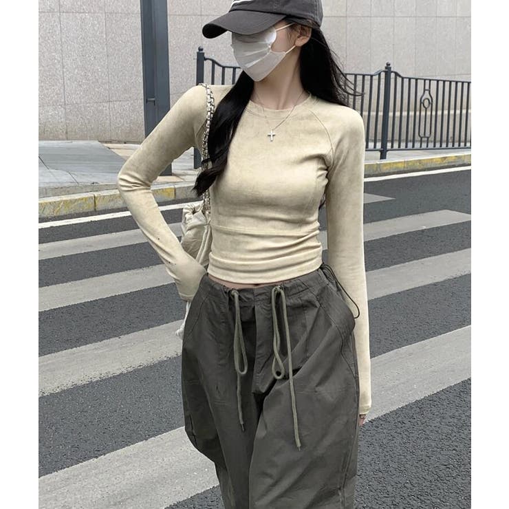 Bifrost カジュアルボーダーネック スリムフィット ショート丈 ロングスリーブ ツイート トップス