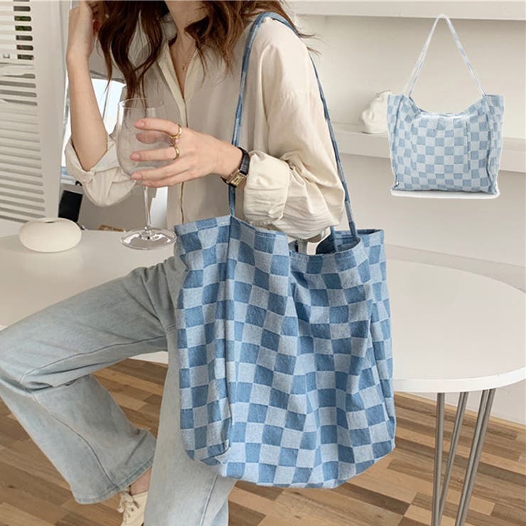 STYLEBLOCK トートバッグ ショルダーバッグ デニム 市松柄 大きい A4 布 バッグ 鞄 ユニセックス レディース ブルー バッグ・鞄