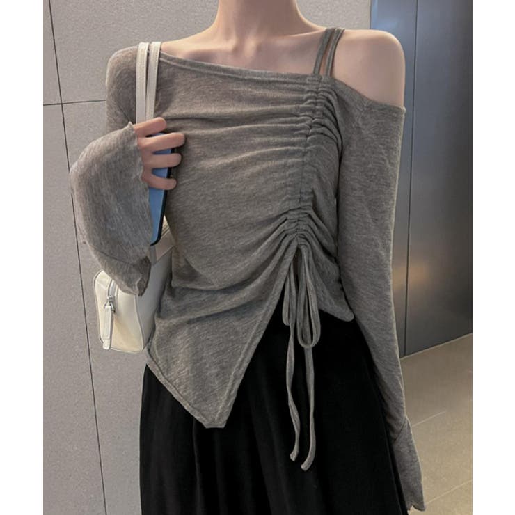 【10％OFFクーポン！7/26(日)1:59まで】SUNSHINE CLOSET ワンオフショルダーTシャツギャザー 長袖 トップス