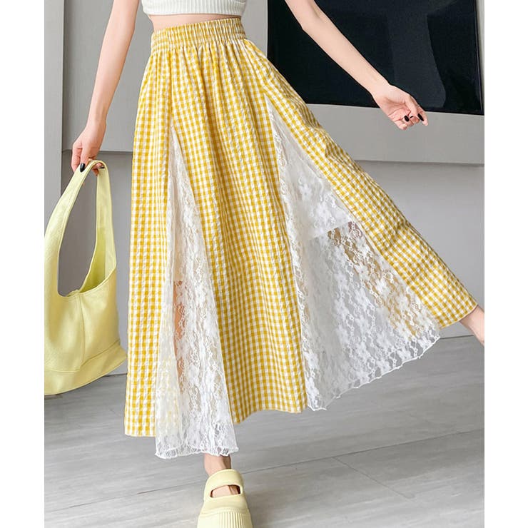 SUNSHINE CLOSET レース切り替え ロングチェック柄スカート スカート