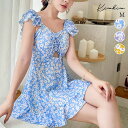 kirakiraShop 【SHOPLIST限定】花柄ラッフルフリルワンピース スイムウェア ワンピース水着 オールインワン フリル フレアスカート ラッフル 体型カバー パンツ付き レトロ調 花柄 アシンメトリー シャーリング ノンワイヤー 体型カバ