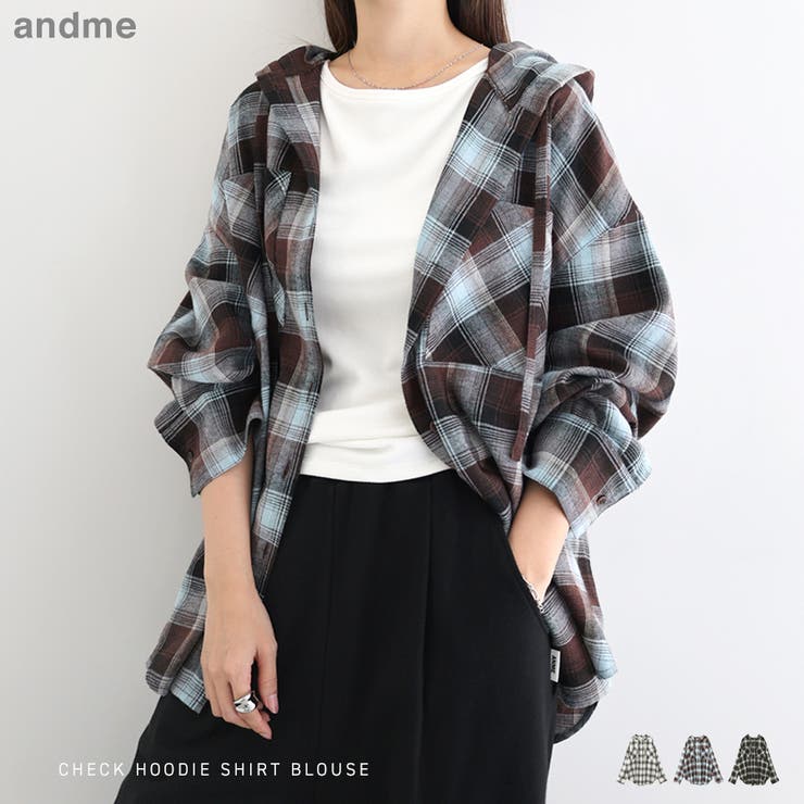 【10％OFFクーポン！11/11 (火)1:59まで】andme フーディ チェック シャツ ブラウス レディース トップス チェックシャツ 長袖シャツ カーディガン 羽織り 軽アウター パーカー オーバーサイズ 体型カバー ゆったり 楽ちん 長袖のサムネイル