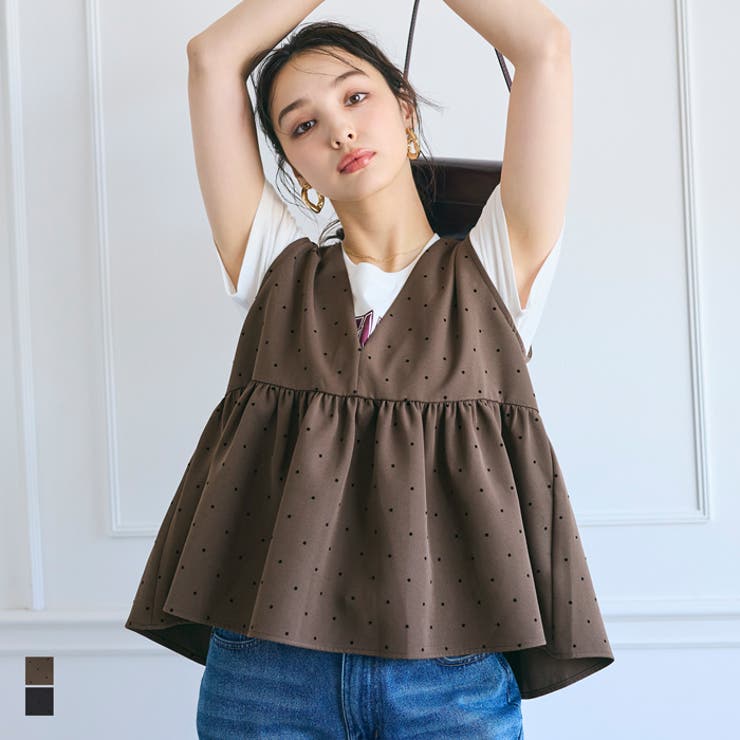 【5％OFFクーポン！10/17(金)9：59まで】coca フロッキードットペプラムベスト レディース トップスのサムネイル