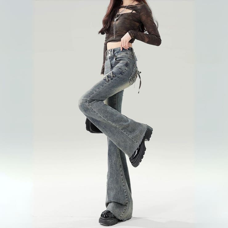 【10％OFFクーポン！11/27(木)1:59まで】maison de LATIR 個性光るクロスステッチデニムパンツ フルレングス フレア おしゃれ デニムパンツ ジーパン ボトム 華やか 個性的 加工デニム こなれ感 美ライン スタイルアップ 美脚