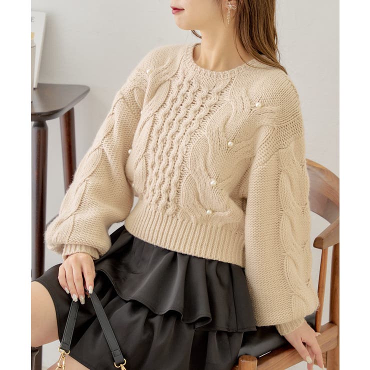 PAL GROUP OUTLET 【Chico】パール付きケーブルクルーニット トップスのサムネイル