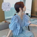 【5%OFFクーポン 9/11 1:59まで】STYLEBLOCK シャツ ブラウス ストライプ柄 フリル 半袖 5分袖 トップス レディース ブルー トップス