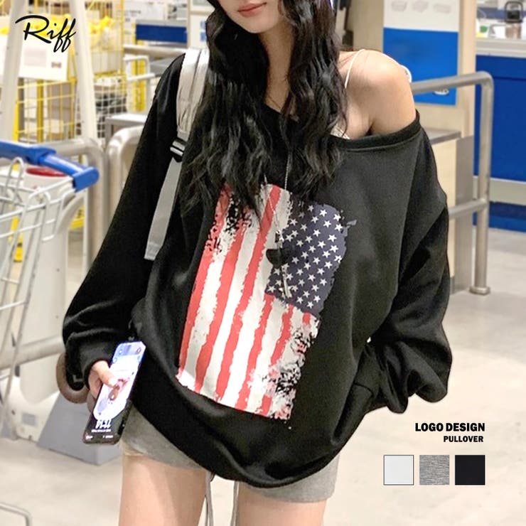 【ポイント2倍＆クーポン！3/11(水) 1:59まで】Riff 星条旗プリントトレーナー ロゴプリント ロゴ ワンショル スウェット カットソー プルオーバー トップス 長袖 無地 ホワイト グレー ブラック フリーサイズ 春 春服 秋 秋服 冬