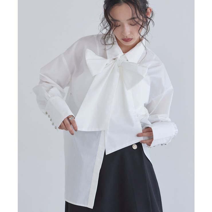 Sleeveless - Pierrot [ECLAM] ロングカフスボウタイシャツ　 シャツ ボウタイ ロングカフス スタッズ トレンド オーバーシルエット 綿混 ハリ感 クラム ECLAM トップス