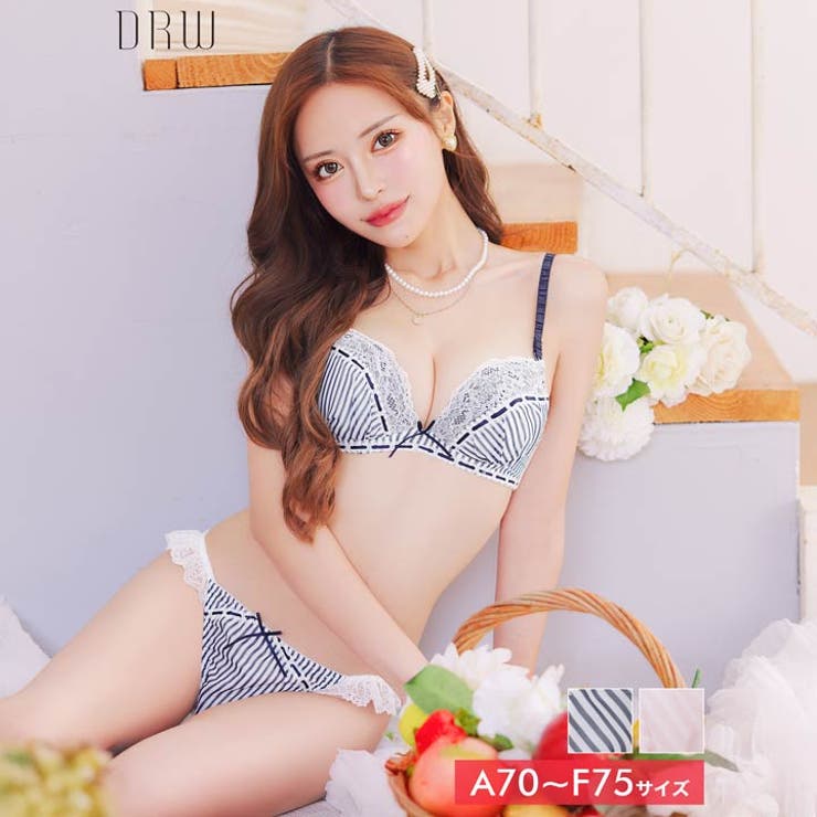 Dazzy ガーリーストライプレースブラジャー&フルバックショーツ インナー・下着