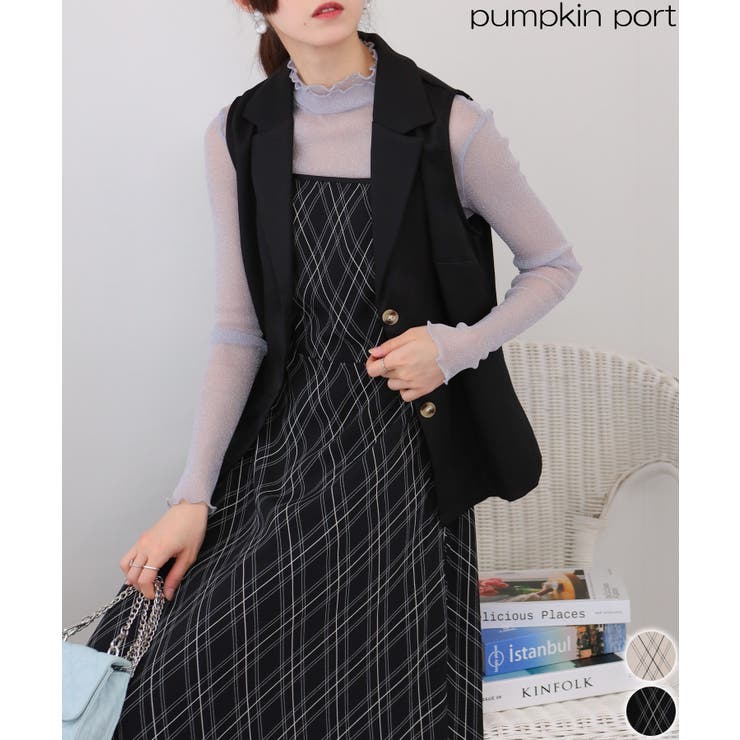 Pumpkin Port 2点セット ロングベスト+バイアス柄チェック キャミワンピース トップス