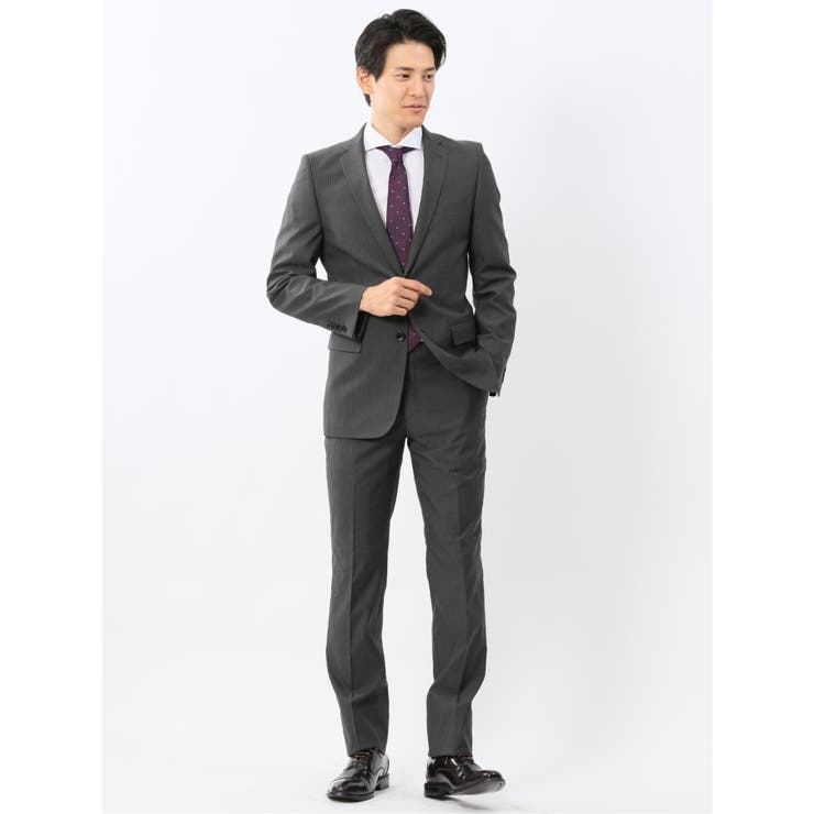 【10%OFFクーポン!11/27(木)1:59まで】TAKA-Q MEN 光沢ウール混ストレッチ スリムフィット 2ボタン2ピーススーツ シャドーストライプグ...