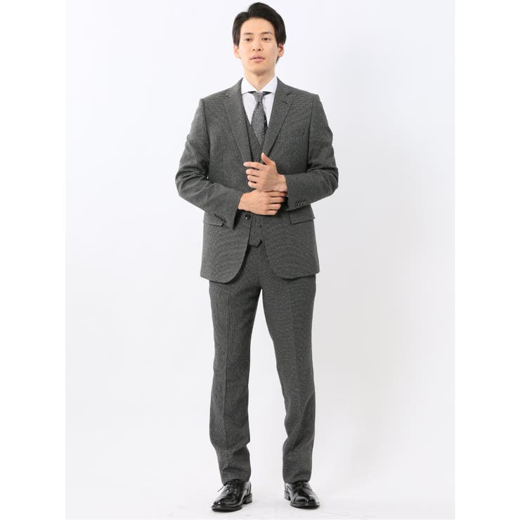 【10%OFFクーポン!11/27(木)1:59まで】TAKA-Q MEN トラベストストレッチ スリムフィット 2ボタン3ピーススーツ 千鳥グレー スーツ