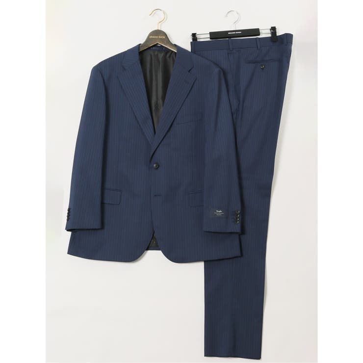TAKA-Q MEN 【大きいサイズ】グランバック/GRAND-BACK ウール混 2ボタン2ピーススーツ ストライプ青 スーツ