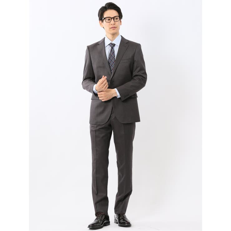 【10%OFFクーポン!11/27(木)1:59まで】TAKA-Q MEN 光沢ウール混 スリムフィット 2ボタン2ピーススーツ 無地グレー スーツ