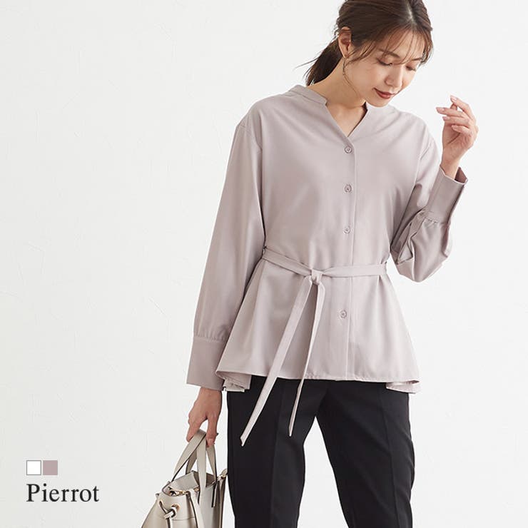 【10％OFFクーポン！7/26(日)1:59まで】Pierrot 後ろタックデザインノーカラーブラウス ブラウス 長袖 バックデザイン 切り替え トップス