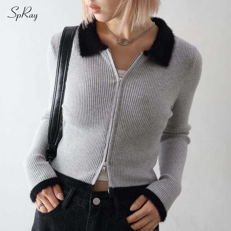 SpRay フェザー衿ジップカーディガン トップス