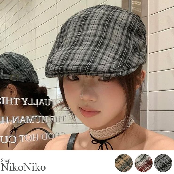 ShopNikoNiko 秋新作 チェック柄 スクエアベルト ハンチング帽韓国カジュアル 海外女子 アメカジ 韓国ガーリー シーズンレス 帽子 ハンチングキャップ サイドベルト ヴィンテージ レトロレディース 韓国 Y2Kファッション 韓国ストリート 流
