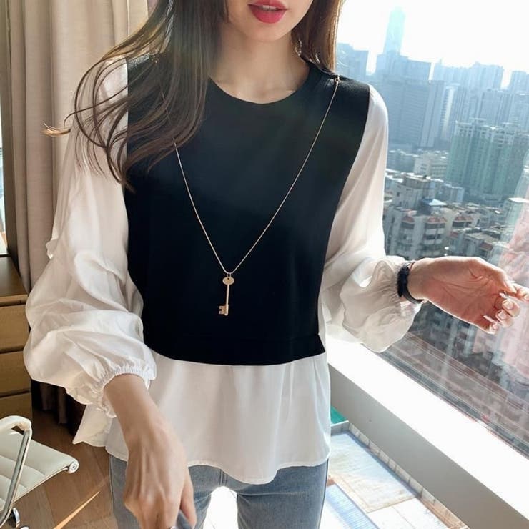 Sleeveless - 【10％OFFクーポン！5/16(土)1:59まで】Carpe diem バイカラートップス レイヤード風トップス シャツブラウス 秋新作 オフィスカジュアル 長袖プルオーバー ベスト風 韓国風 秋トップスボリューム袖 重ね着風 ボリュームスリーブ トッ