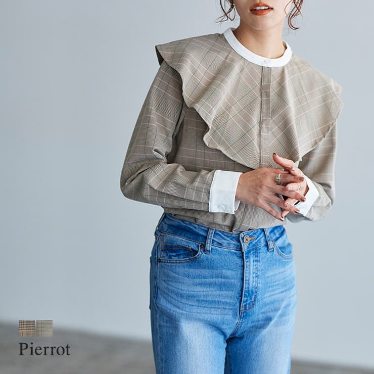 【10％OFFクーポン！7/26(日)1:59まで】Pierrot チェック柄クレリックフリルカラーブラウス ☆ ブラウス フリルカラー フリル クレリック チェック柄 長袖 トップス フェミニン きれいめ クラシカル レディース 秋 ピエロ トップス