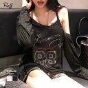 Riff ラインストーンロゴワンショルダーロンT ドッキング レイヤード 重ね着風 Tシャツ カットソー プルオーバー トップス 長袖 無地 ホワイト ブラック Mサイズ 春 春服 夏 夏服 秋 秋服 冬 冬服 トップス